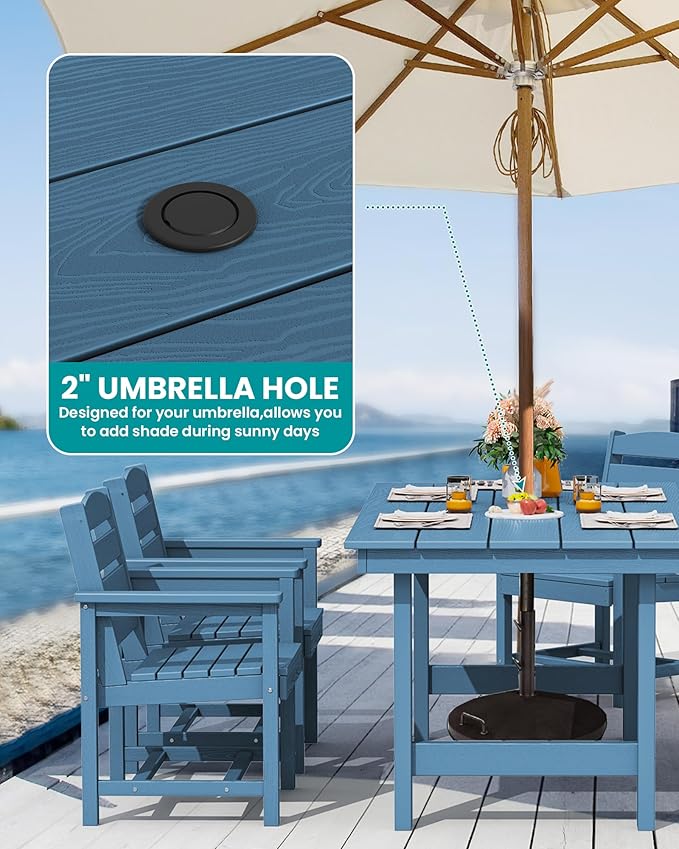 SERWALL 8-Piece Patio Dining Sets with 15FT Double Side Patio Umbrella, Outdoor HDPE Dining Furniture Set with Umbrella Hole Cut-Out Table and 6 Chairs, Blue（Umbreall Base not Included）