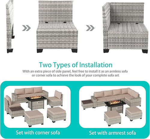 9-Piece Outdoor Patio Furniture Set with 55,000 BTU Fire Pit Table, PE Wicker Rattan Sectional Sofa Patio Conversation Set with Ottomans & Coffee Table, Sand