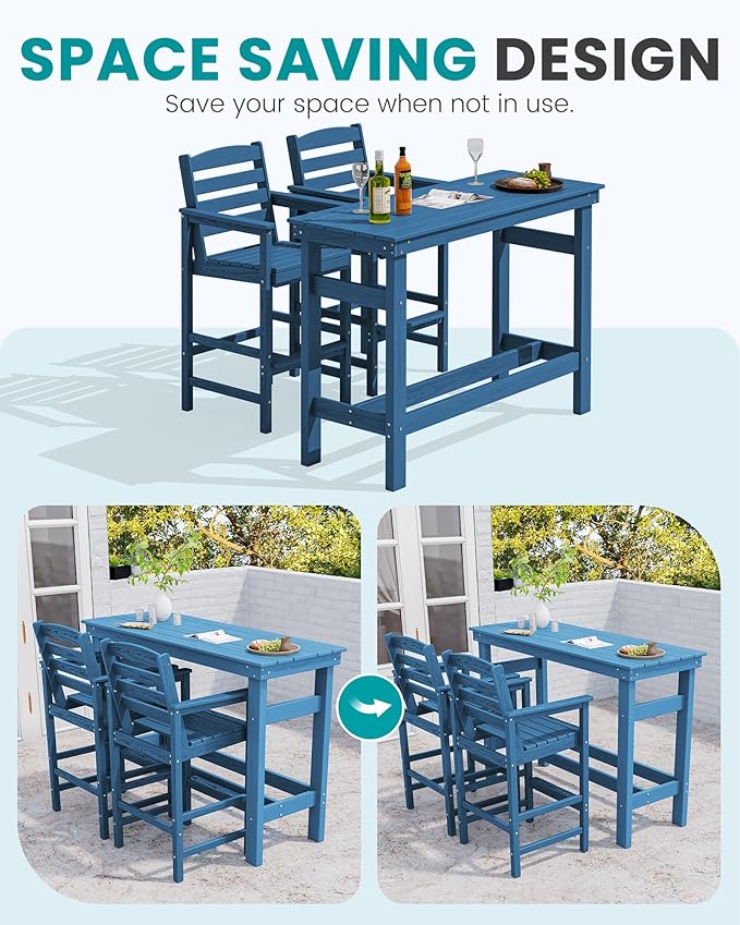 SERWALL Outdoor Bar Set - 2 Adirondack Bar Chairs & Bar Height Table with 1.6" Umbrella Hole, All-Weather HDPE Patio Furniture for Poolside, Backyard, Garden - Blue