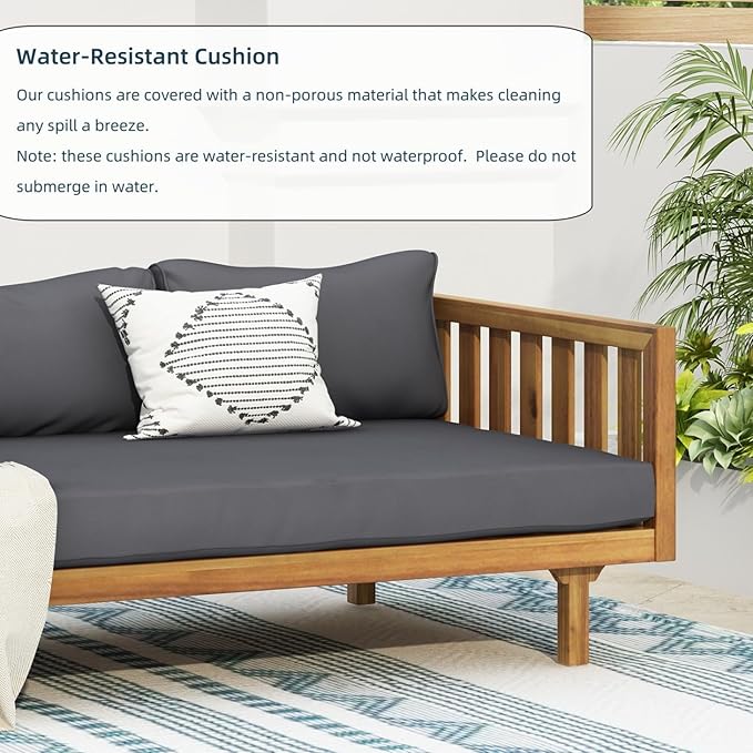 Merax Solid Acacia Wood Couch Chaise Lounge Chair Indoor, 3 Seater Daybed Sofa Couches with Cushions & Pillow, Heavy Frame Day Bed for Living Room, Office, Outdoor, Balcony, Patio, Water Resistant