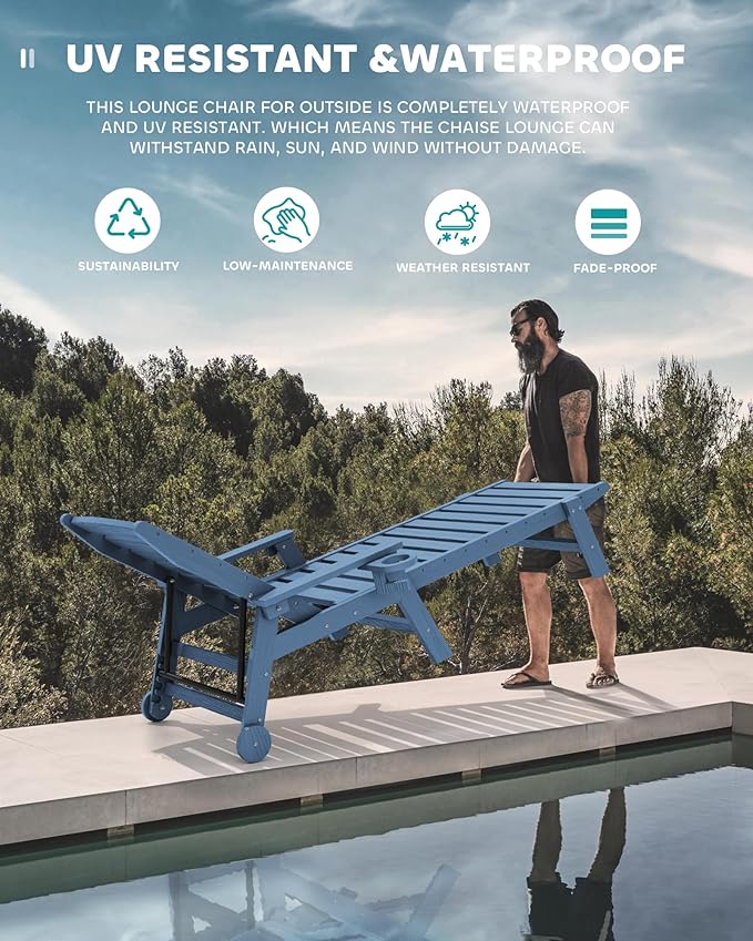 SERWALL Patio Chaise Lounge Chair, 78'' Long HDPE 5 Positions Adjustable Outdoor Lounger, Poly Lounge Chair with Rolling Wheels & Cup Holder for Pool, Navy Blue