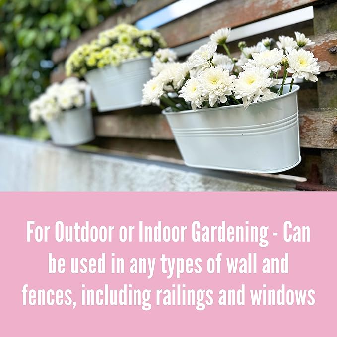 LaLaGreen Rail Planter Outdoor Plants (10 Pack, 11.8 Inch) White Metal Iron Hanging Flower Pots Deck Railings Fence Buckets Countryside Boho Style Wall Mount Window Box Plant Holder Hooks Porch Decor