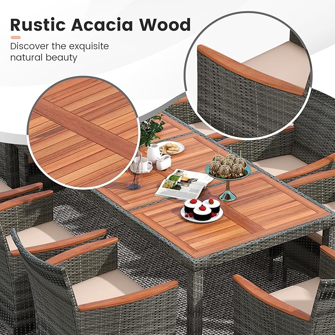 Tangkula 10 Pieces Patio Wicker Dining Set w/Double-Sided Patio Umbrella, Outdoor Acacia Wood Furniture Set w/ 8 Armchairs, 71” Dining Table & 15 ft Umbrella with Weighted Base (Coffee)