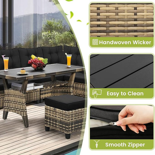 6-Piece Patio Furniture Set, Outdoor Sectional Sofa with Dining Table & Chairs, All-Weather Dining Set with Removable Cushion Covers, Ideal for Garden, Porch, Backyard, Black