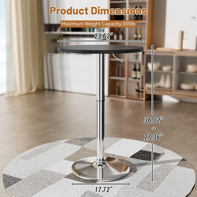 Flamaker Round Bistro Pub Table 23.6 Inch Height Adjustable 360° Swivel Bar Table Metal Base for Pub, Dining Room, Party (1, Black-Silver)