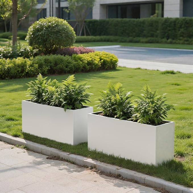 Galvanized Steel Garden Planter 36” x 12” x 16” White Metal Planter Box Modern Metallic Heavy Planter Indoor & Outdoor, Commercial & Residential (White, L36 x W12 x D16)