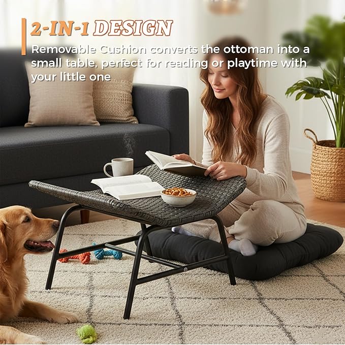 NICESOUL Indoor Outdoor Ottoman Set of 2, Large Wide Double Patio Footstool, PE Rattan Thicken Cushioned Footrest, All-Weather Wicker Furniture for Balcony, Porch, Living Room, Egg Chair, Grey