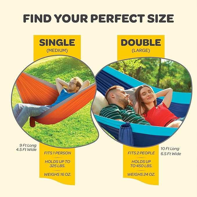 Durable Hammock 400 lb Capacity, Nylon Camping Hammock Chair - Double or Single Sizes w/Tree Straps and Attached Carry Bag - for Travel/Backpacking/Beach/Backyard (Medium, Forest Green & Lima Green)