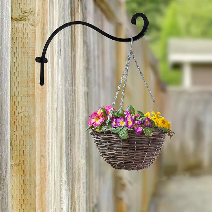 Hourleey 2 Pack Plant Hanger Outdoor, 12 Inch Heavy-Duty Hanging Plant Hook for Outside Basket, Black Metal Wall Mount Plant Bracket Hook for Flower Baskets Bird Feeder