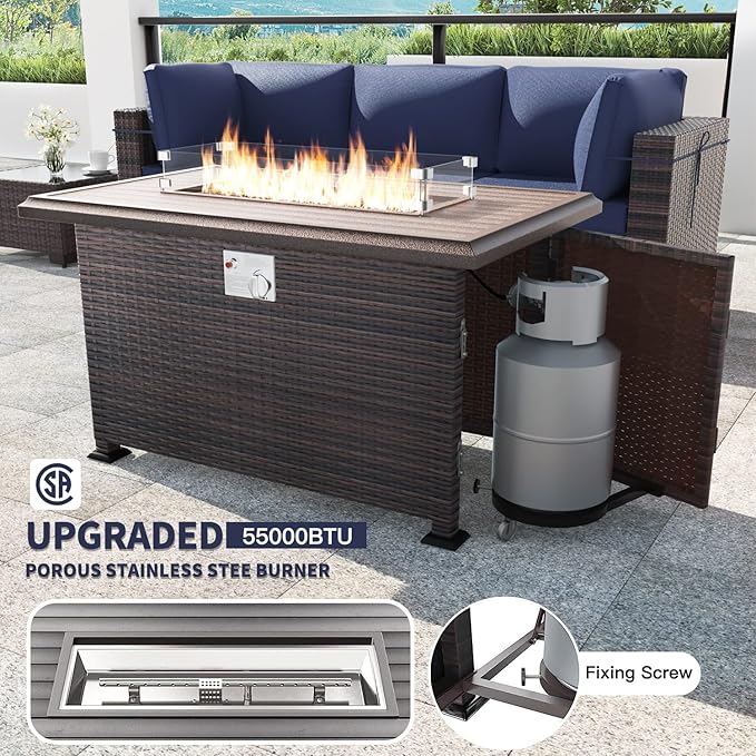 Kullavik 15 Pieces Outdoor Patio Furniture Set with 43" 55000BTU Gas Propane Fire Pit Table PE Wicker Rattan Sectional Sofa Patio Conversation Sets,Navy Blue