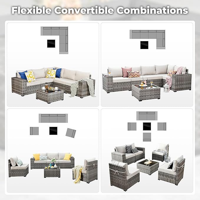 ovios 6 Pieces Patio Furniture Set, Outdoor Wicker Sectional Sofa with Glass Table Comfy Cushions, Modern Modular Deep Seat Couch Rattan Conversation Set, Beige