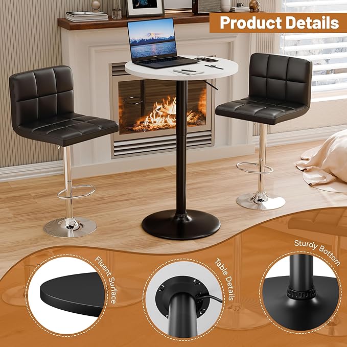 Flamaker Round Bistro Pub Table 23.6 Inch Height Adjustable 360° Swivel Bar Table Metal Base for Pub, Dining Room, Party (1, White-Black)