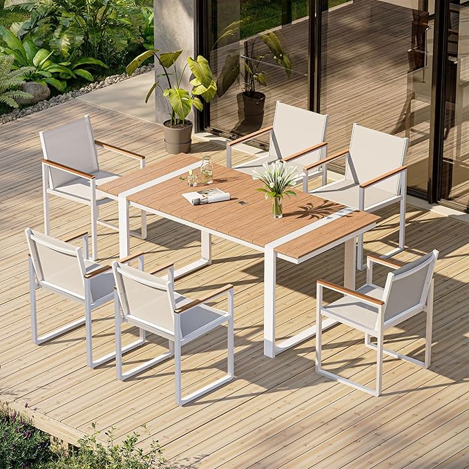 Outdoor Dining Chairs Set of 2, Aluminum Patio Dining Chiars with Textilene Mesh, 2 Piece Outdoor Chiars for Garden, Backyard, Deck (White-Teak)