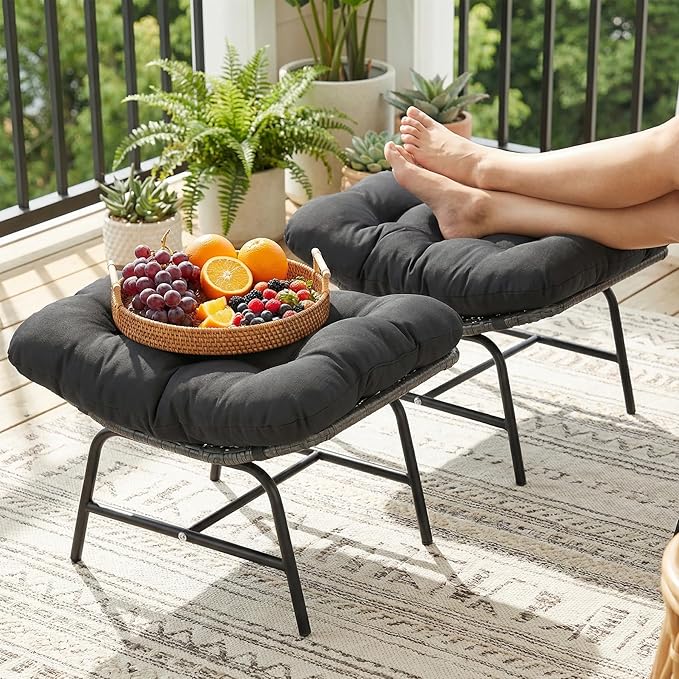 NICESOUL Indoor Outdoor Ottoman Set of 2, Large Wide Double Patio Footstool, PE Rattan Thicken Cushioned Footrest, All-Weather Wicker Furniture for Balcony, Porch, Living Room, Egg Chair, Grey