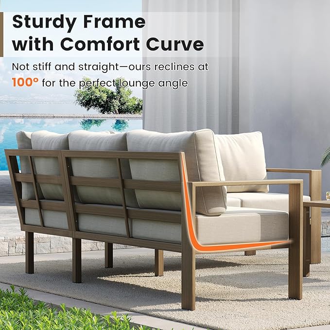 UDPATIO 6 Piece Patio Furniture Set, Faux Wood Metal Outdoor Sectional Sofa with 6" Thick Olefin Cushions, Wide Armrest & Coffee Table, L Shaped Outdoor Furniture for Garden, Backyard Beige