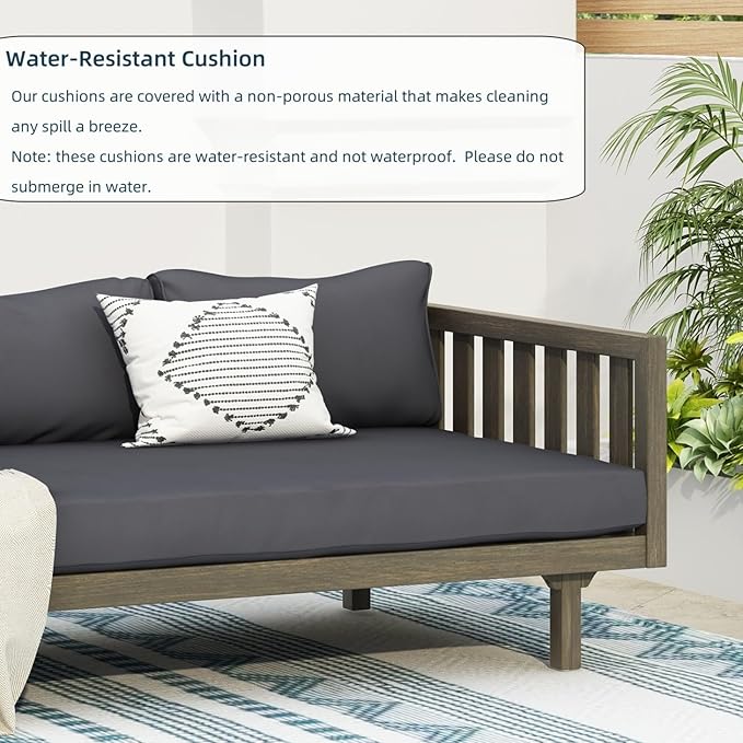 Merax Solid Acacia Wood Couch Chaise Lounge Chair Indoor, 3 Seater Daybed Sofa Couches with Cushions & Pillow, Heavy Frame Day Bed for Living Room, Office, Outdoor, Balcony, Patio, Water Resistant
