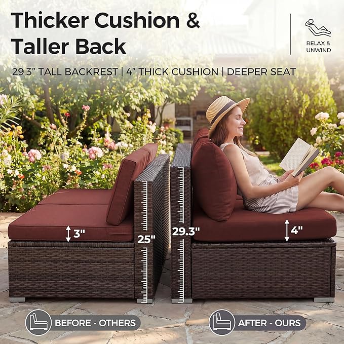 NICESOUL 9 Pcs Large Outdoor Patio Furniture Set with Firepit Natural Gas & Propane, 29.3 High Back Comfy Conversations Sofa Sets Modular, Wide Sectional for Heavy Weight, Brown Rattan and Red Cushion