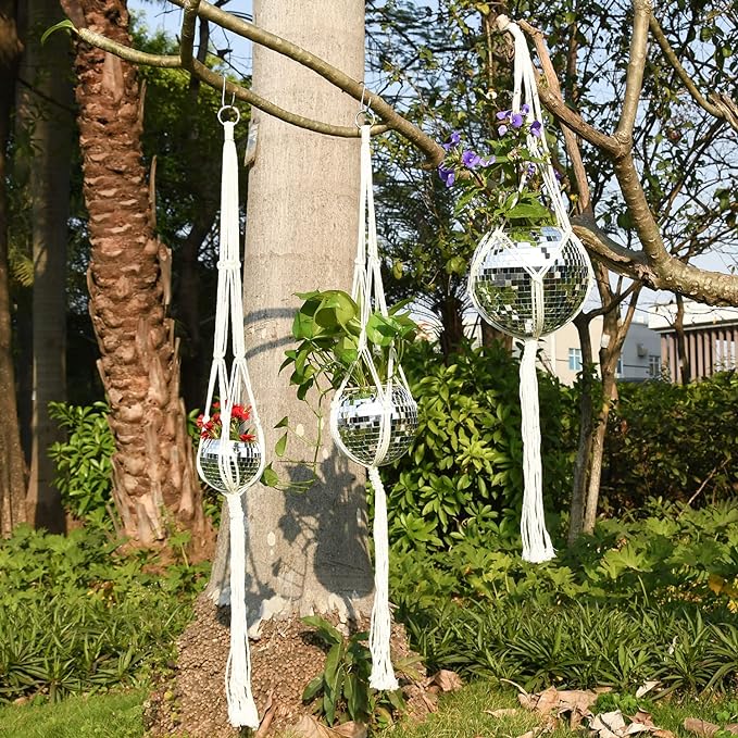 Disco Ball Planter, 8" Silver Disco Ball Planter, Disco Ball Plant Hanger with Hanging Rope, Hanging Chain, Hook, Circle and Extra Mirror Pieces