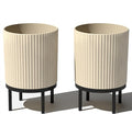 Veradek Demi Series Round Planter w/Stand for Porch/Patio | Durable Plastic-Stone Composite & Wooden Stand | Modern Décor for Tall Plants, Flowers