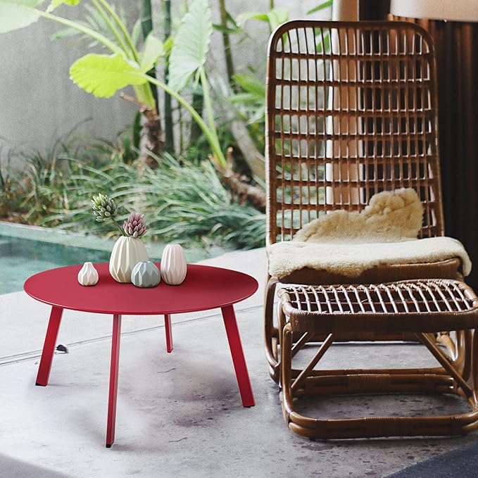 Grand patio Round Steel Patio Coffee Table, Weather Resistant Outdoor Large Side Table, (Red, 1PC)