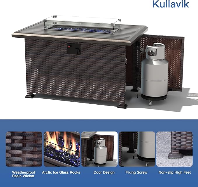 Kullavik 10 Pieces Outdoor Patio Furniture Set with 43" 55000BTU Gas Propane Fire Pit Table PE Wicker Rattan Sectional Sofa Patio Conversation Sets,Blue