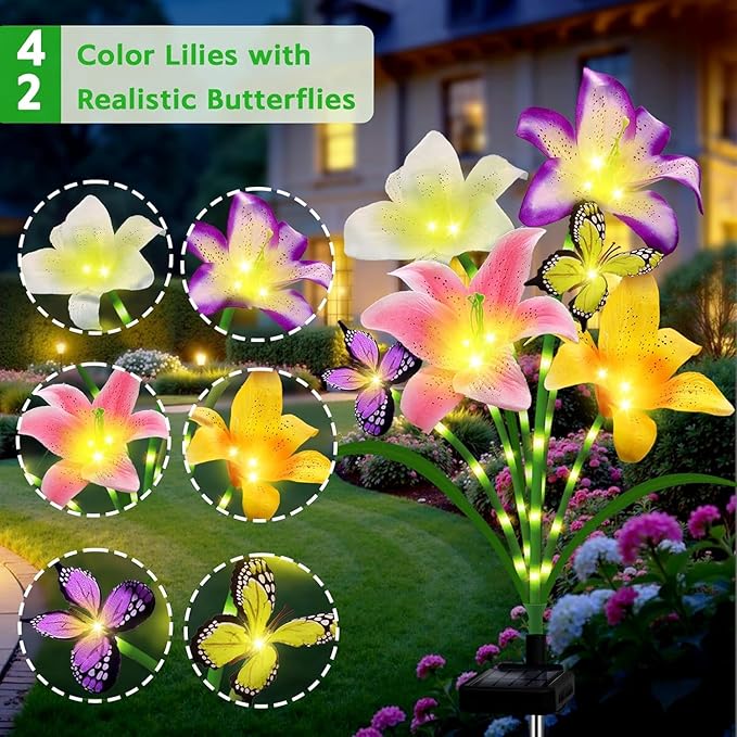 Solar Garden Lights 6 Pack LEDs Solar Lilies Flower Lights, Yard Patio Pathway Decoration High Flexibility Copper Wire Handmade Silk Artificial Flowers Never Wither, Gift for Family Friends