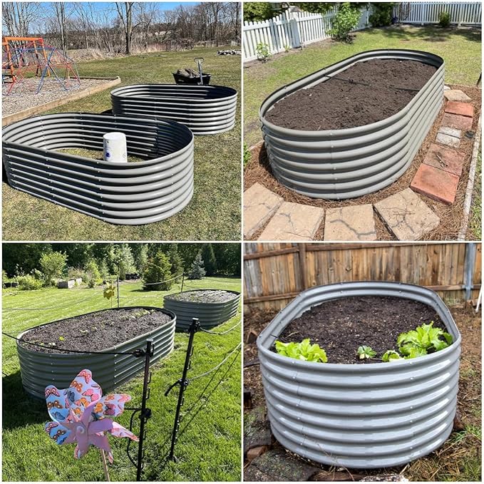 A ANLEOLIFE 12-Set 8X4X2 ft Galvanized Raised Garden Bed Kit, Oval Metal Deep Root Planters for Outdoor Plants, Quartz Grey