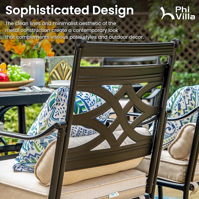 PHI VILLA 7 Pieces Outdoor Dining Set for 6, 54" Round Black Metal Table with Umbrella Hole & Wrought Iron Chairs, Rustproof Large Outside Furniture with Cushions & Pillows for Patio, Deck, Porch