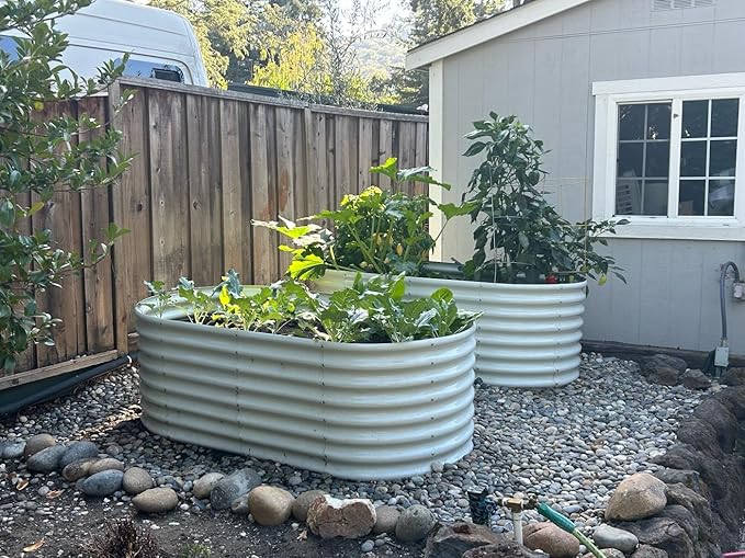 A ANLEOLIFE 2-Set 8X4X2 ft Galvanized Raised Garden Bed Kit, Oval Metal Deep Root Planters for Outdoor Plants, Antique White