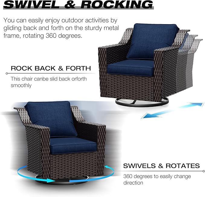 Joyside Wicker Patio Furniture Sets, 7 Pieces Upgraded Large Size Outdoor Furniture with Swivel Rocking Patio Chairs, Two 3-Seat Sofa, Outdoor Ottoman, Thick Cushions, Wide Armrest, Blue