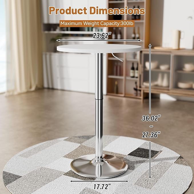 Flamaker Round Bistro Pub Table 23.6 Inch Height Adjustable 360° Swivel Bar Table Metal Base for Pub, Dining Room, Party (4, White-Silver)