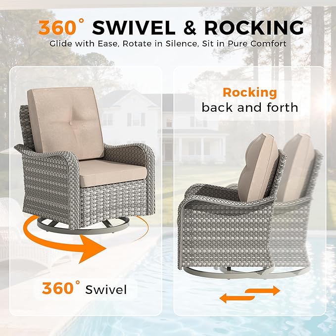 14-Seat Outdoor Wicker Patio Furniture Set with Fire Pit Table, Modular Rattan Sectional Sofa & 2 Swivel Rocking Chairs, 4" Thick Cushions, Rust-Resistant Frame,Beige