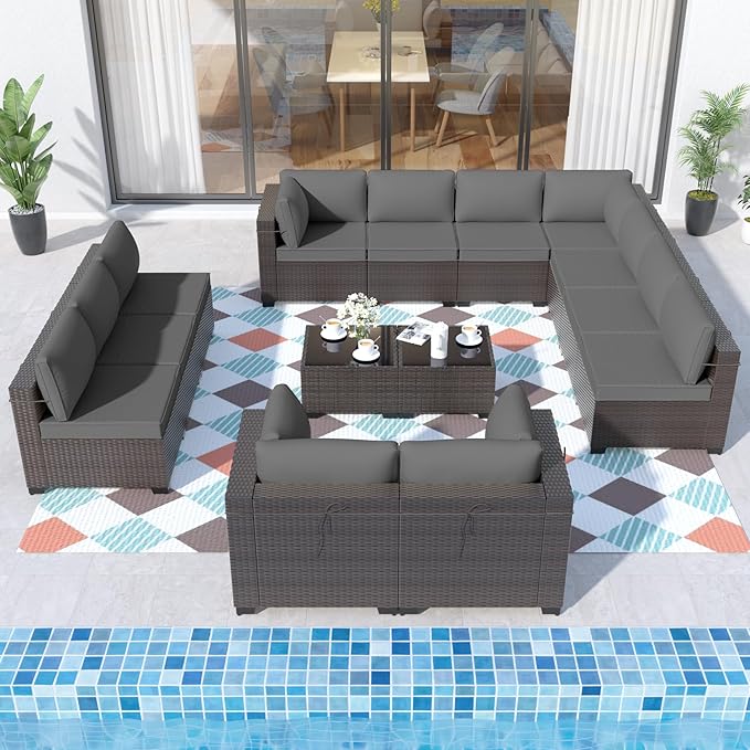 ALAULM Patio Furniture Set with Coffee Table, 14 Pieces Outdoor Sectional with Wide Seat and Thick Cushion, All Weather Wicker Rattan Conversation Set for Backyard, Garden, Deck, Grey