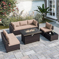 ALAULM Patio Furniture Set with Fire Pit Table 55000 BTU, Outdoor Sectional with Wide Seat and Thick Cushion, 8 Piece Wicker Rattan Conversation Set with Coffee Table for Garden, Deck, Sand