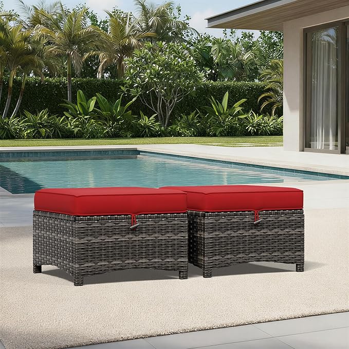Joyside Outdoor Ottoman Set of 2, Patio Large Ottoman Foot Rest with Thickened Cushions, Outdoor Wicker Foot Stool for Porch, Deck Use