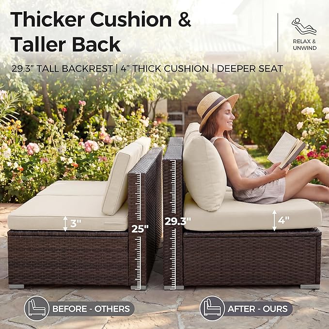 NICESOUL 29.3'' High Back Outdoor Patio Sectional Furniture with Firepit Table Natural Gas & Propane Convertible, 8 Seater Deep Wide Modern Couch, Extra Large Wicker Conversations for Backyard, Brown