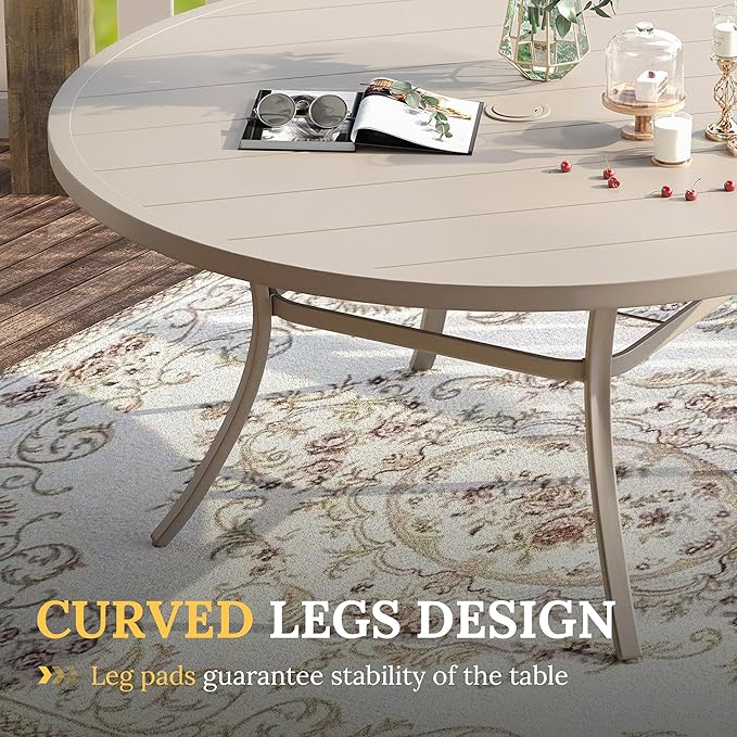 VICLLAX 63" Outdoor Round Patio Table with Umbrella Hole, All Weather Metal Round Outdoor Dining Table for Lawn Garden, 8-10 Person Table, Sandshell