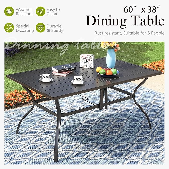 Sophia and William Patio Dining Set for 6, Outdoor Table and Chairs, Removable Seat Cushions, 60" Black Patio Dining Table,Blue