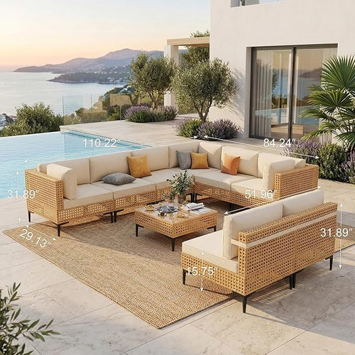 ABCASA Patio Furniture Set, 110" Large 9-Piece Wicker Outdoor Patio Furniture Sets with Anti-Slip Cushions & Coffee Table,Boho Patio Conversation Set Sectional Sofa for Backyard,Porch,Deck,Beige