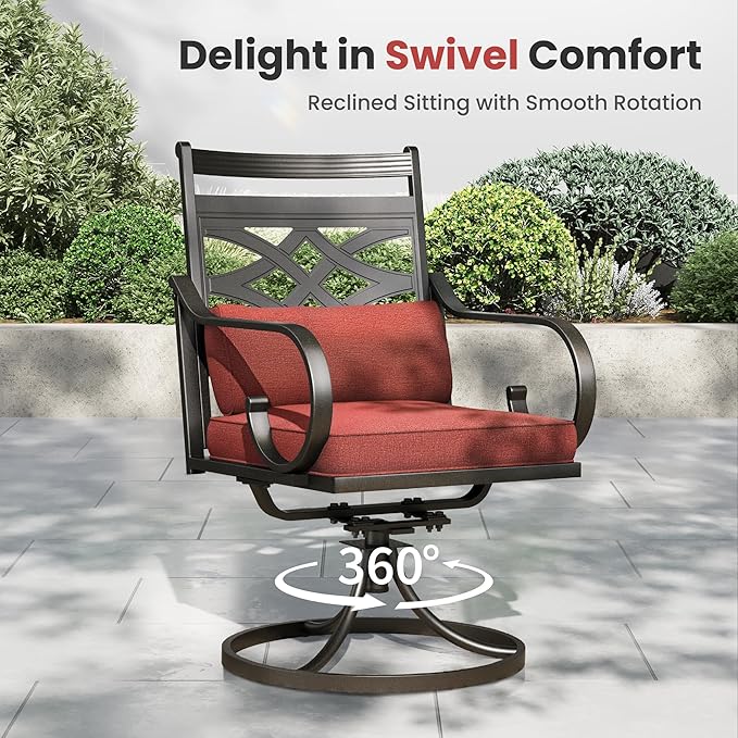PHI VILLA 5 Pieces Outdoor Dining Set for 4, 42" Square Brown Metal Table with Umbrella Hole & Wrought Iron Swivel Chairs, Large Outside Furniture with Red Cushions & Pillows for Patio, Deck, Porch