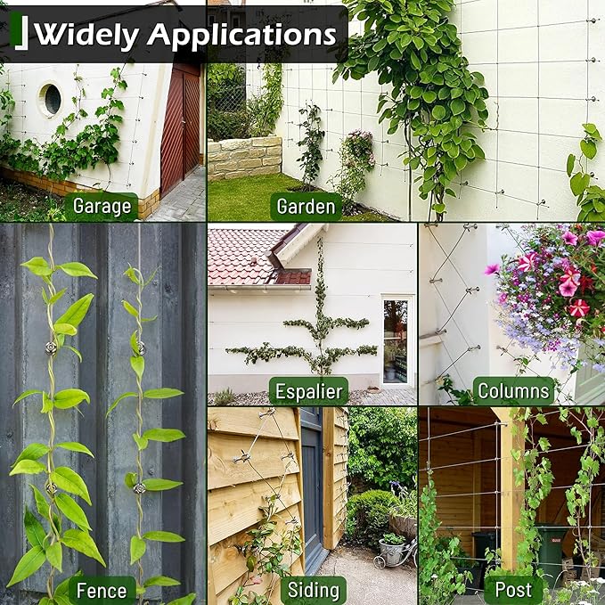 Wire Trellis for Climbing Plants Outdoor, 20-Set Wall Wire Trellis Kit with 1/8in x 98ft Stainless Steel Cable & Cutter, T316 Espalier System for Fence and Garden DIY Projects