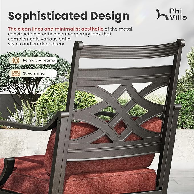 PHI VILLA 5 Pieces Outdoor Dining Set for 4, 37" Square Metal Table with Umbrella Hole & Wrought Iron Chairs, All Weather Large Outside Furniture with Red Cushions & Pillows for Patio, Deck, Porch
