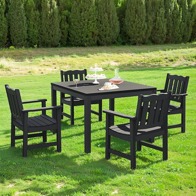 Stoog 5 Pieces Patio Dining Sets, All-Weather HIPS Material & Aluminum Frame Dining Table with Umbrella Hole, Outdoor Dining Table for 4, Never Rot or Fade, Black