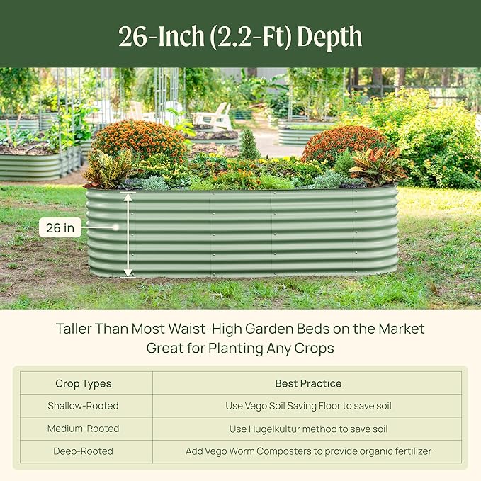 Vego garden 26" Extra Tall Raised Garden Bed Kits, 6 in 1 Modular Raised Planter Box for Vegetables Flowers Fruits Oval Metal Raised Garden-Olive Green