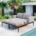 Outdoor Double Metal Daybed, with Wood Topped Side for Drinks, 2 in 1 Padded Sun Lounger with Cushions & Pillows, Patio Chaise Lounge Chair for Poolside Lawn Garden, Gray