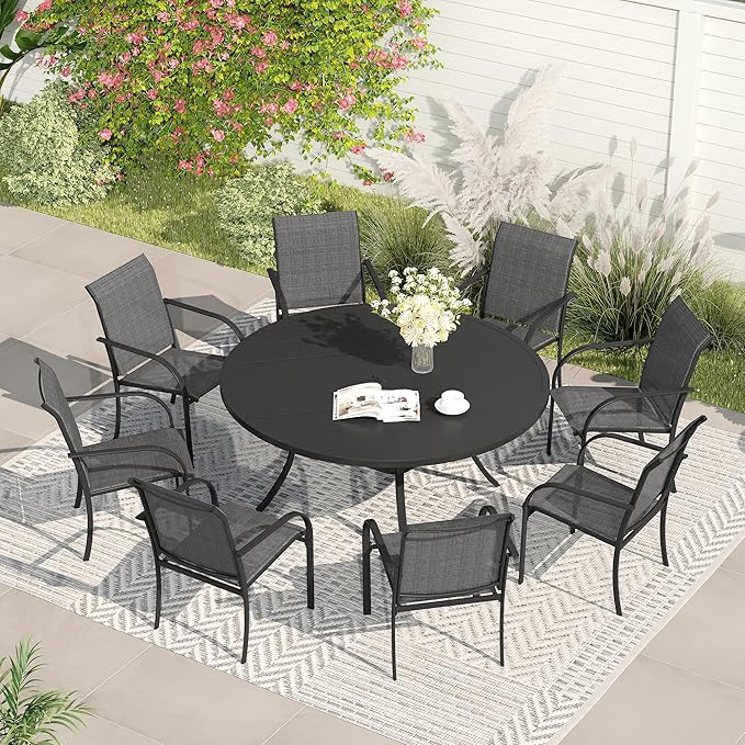 VICLLAX Patio Dining Set for 8, Outdoor Furniture Set Includes 53" Round Patio Table and 8 Patio Sling Chairs, Black Tabletop and Grey Fabric