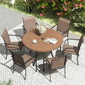 VICLLAX Patio Dining Set for 6, Outdoor Furniture Set Includes 47.2" Round Patio Table and 6 Patio Sling Chairs, Walnut Tabletop and Brown Fabric