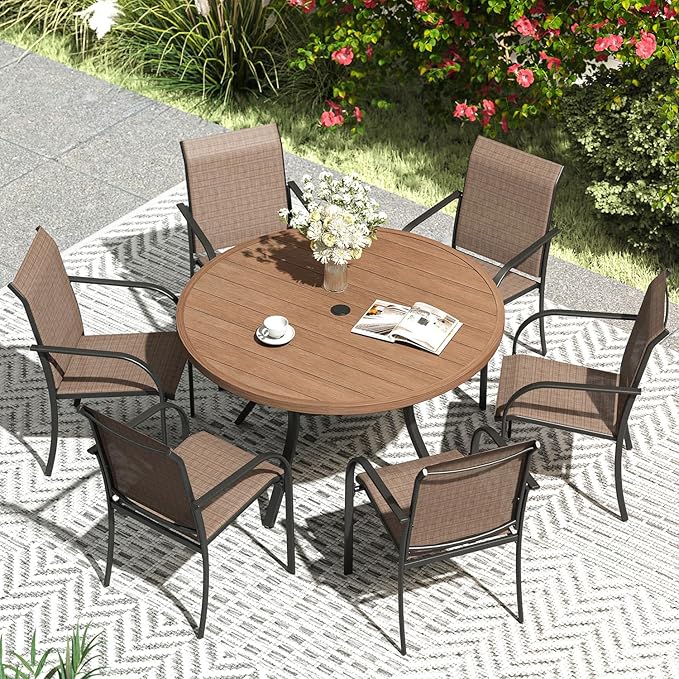 VICLLAX Patio Dining Set for 6, Outdoor Furniture Set Includes 47.2" Round Patio Table and 6 Patio Sling Chairs, Walnut Tabletop and Brown Fabric