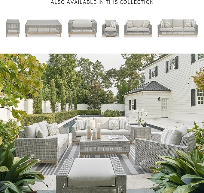 Signature Design by Ashley Seton Creek Contemporary Chic Outdoor All-Weather Resin Wicker End Table with Tempered Glass Tabletop, Gray & Light Brown