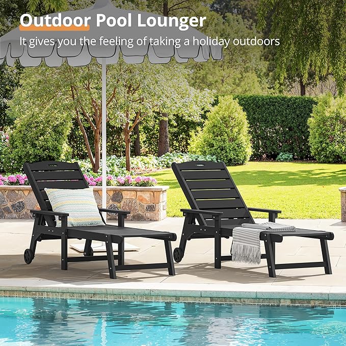 LUE BONA Outdoor Chaise Lounge, HDPS Chaise Lounger, 5 Positions Adjustable Lounge Chairs, Pool Lounge Chair with Wheels for Poolside, Backyard, Black